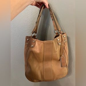 Tan leather and suede bucket purse by Joy Gryson